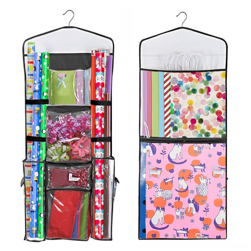 Primode Primode Wrapping Paper Storage Hanging Over The Door Wrapping Paper Organizer Store Gift Wrap Gift Bags Ribbon Bows and Accessories 40x17 Fits Long 40 Inch Rolls Double Sided Bag Black Seam 