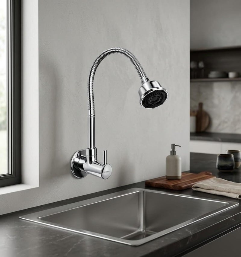 Kamal Dixy Wall-Mounted Brass Sink Spray – 360° Flexible Spout with Shower & Foam Flow | Chrome Finish - Image 1