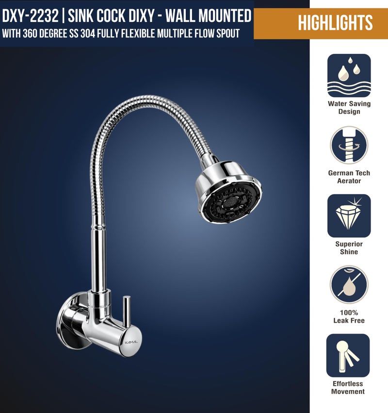 Kamal Dixy Wall-Mounted Brass Sink Spray – 360° Flexible Spout with Shower & Foam Flow | Chrome Finish - Image 2