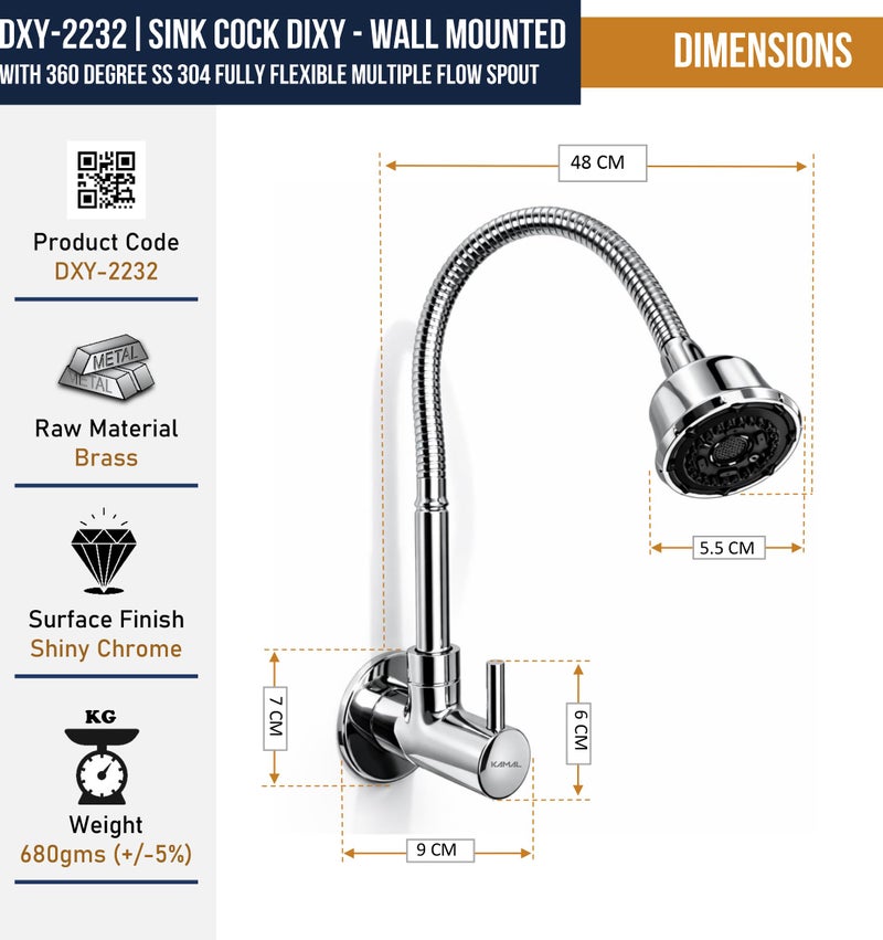 Kamal Dixy Wall-Mounted Brass Sink Spray – 360° Flexible Spout with Shower & Foam Flow | Chrome Finish - Image 4