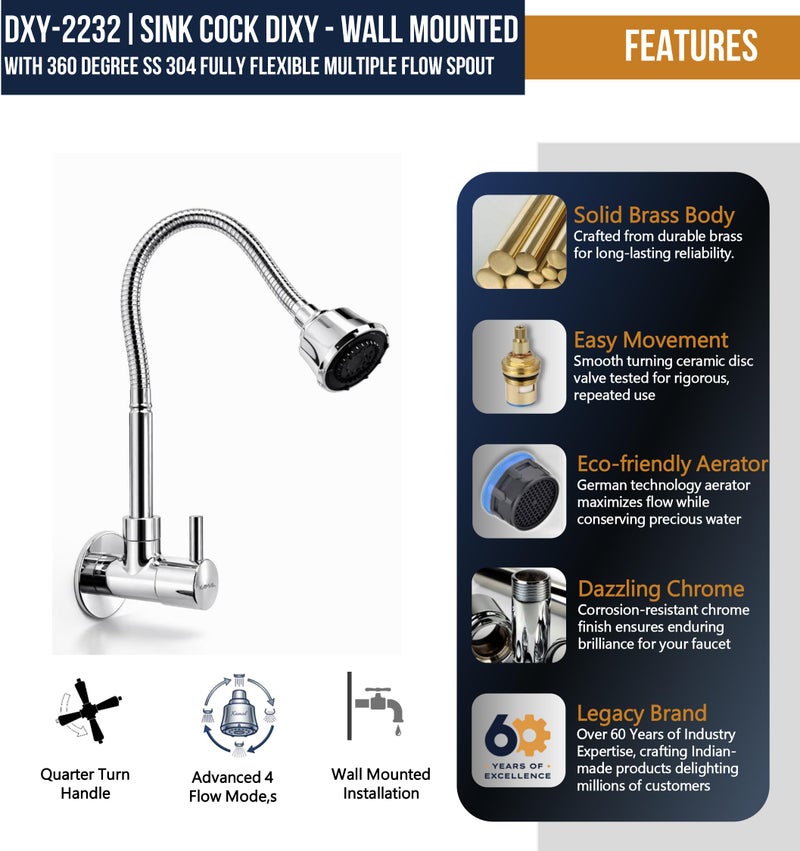 Kamal Dixy Wall-Mounted Brass Sink Spray – 360° Flexible Spout with Shower & Foam Flow | Chrome Finish - Image 3