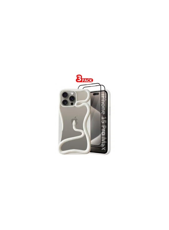 CATANES iPhone 15 Pro Max 3Packs Snake Case Cover Soft TPU and Glossy with Two 3D Shockproof Screen Protector - White - Image 1