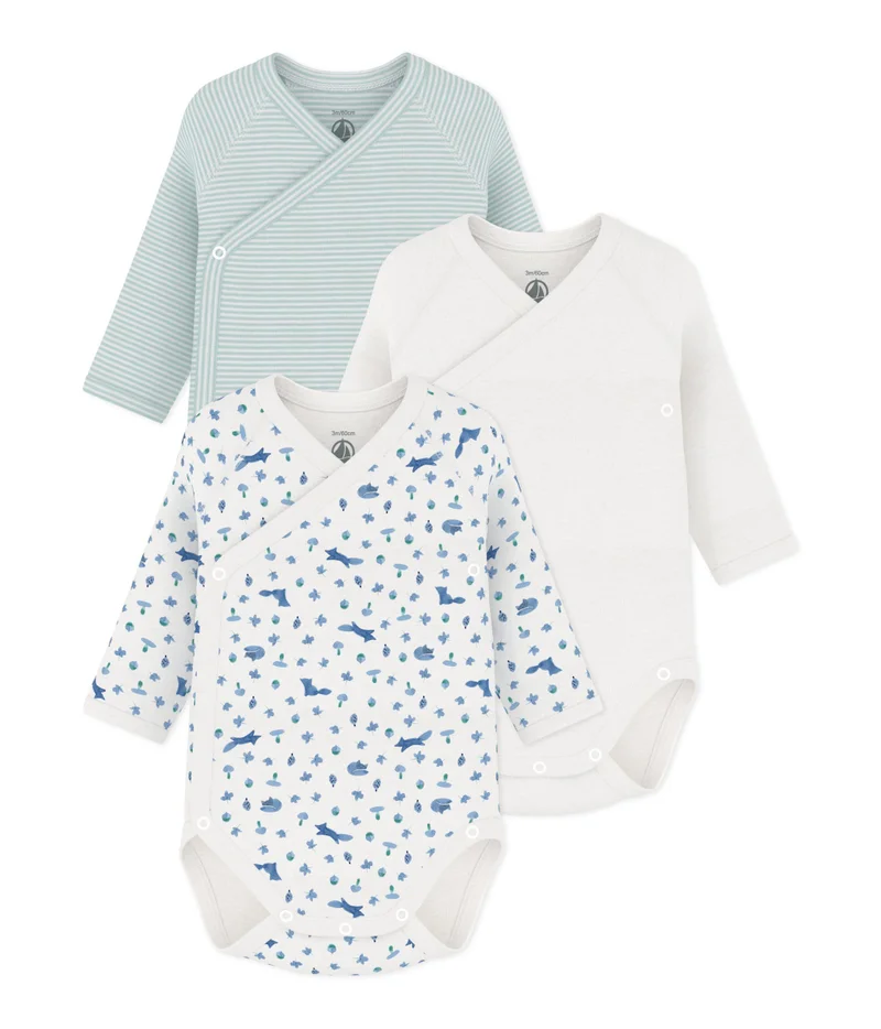 Petit Bateau Pack Of Babies' Long-Sleeved Printed Cotton Wrapover Bodies