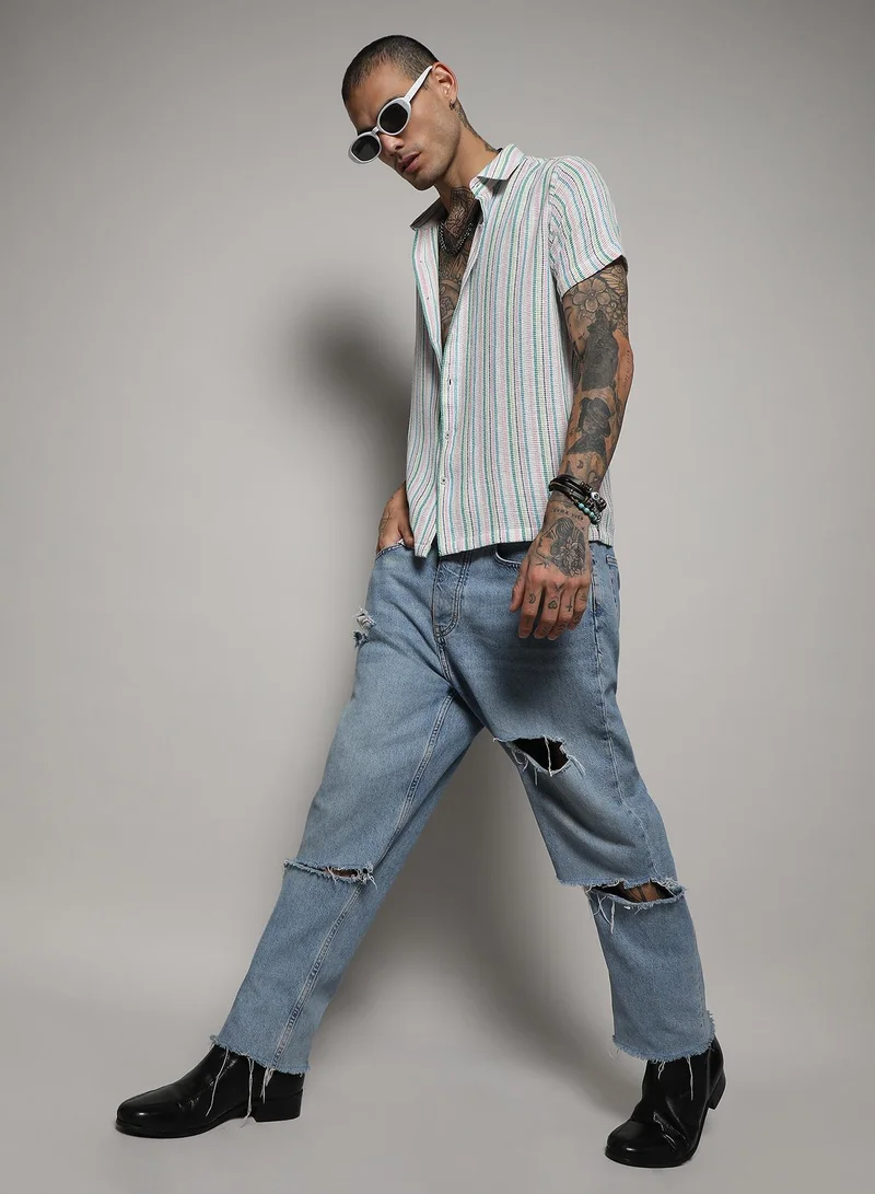 CAHOOT  Men's Pink & Green Unbalanced Striped Woven Shirt for Men | Best Price UAE