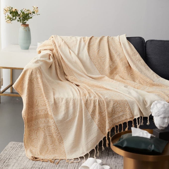 BOHO THROW BLANKET CHENILLE JACQUARD BOHEMIAN CHAIR RECLINER FURNITURE COVER AZTEC HIPPIE THROWS LOVESEAT SOFA BLANKETS TAN BEIGE CREAM VINTAGE 60 X 75