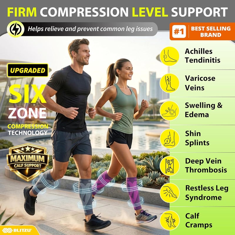 BLITZU Calf Sleeves (1 Pair) Power+ Compression Men and Women Performance Leg Guards. True Graduated Compression. Improves Circulation, Aids Muscle Recovery - Image 2