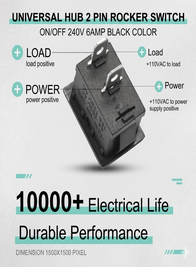 UNIVERSAL HUB 2 PIN ROCKER SWITCH ON/OFF 240V 6AMP BLACK COLOR 10Pcs - Image 2