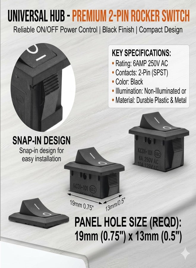 UNIVERSAL HUB 2 PIN ROCKER SWITCH ON/OFF 240V 6AMP BLACK COLOR 10Pcs - Image 4
