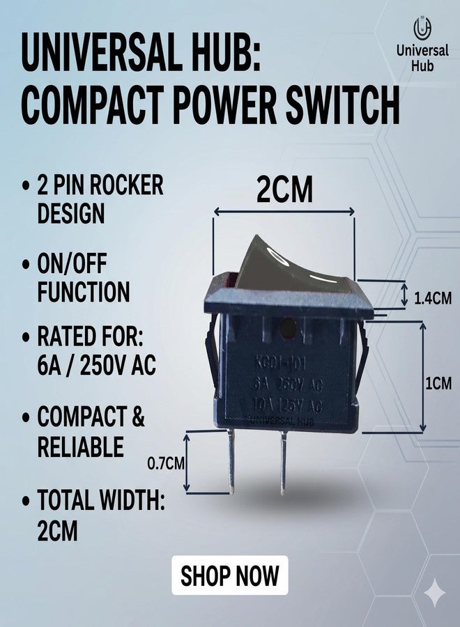 UNIVERSAL HUB 2 PIN ROCKER SWITCH ON/OFF 240V 6AMP BLACK COLOR 10Pcs - Image 3
