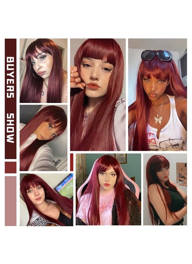 MISSQUEEN Long Red Wig with Bangs,Straight Dark Red Wigs for Women,Wine Red Long Straight Heat Resistant Synthetic wig for Fashion Women 