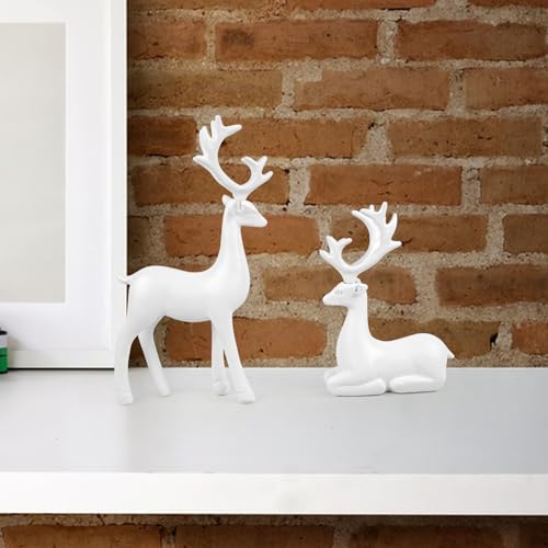 Bonlting 2 Pcs Christmas Resin Deer Statue Reindeer Figurines Elk Statues Deer Decorations for Living Room,Bedroom Office, Shelf, Cabinets (White) - Image 2