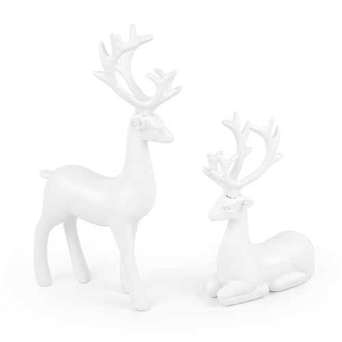 Bonlting 2 Pcs Christmas Resin Deer Statue Reindeer Figurines Elk Statues Deer Decorations for Living Room,Bedroom Office, Shelf, Cabinets (White) - Image 1