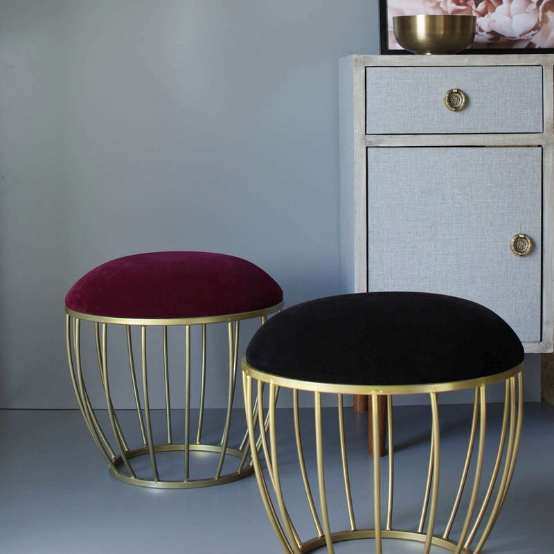 nestroots nestroots Sitting Stool for Living Room Furniture Set of 2 Ottoman pouffes for Sitting | Metallic Side Table Puffy Foot Stool with Metalic Legs Home Furniture (14 inch Wine & Black) - Image 1