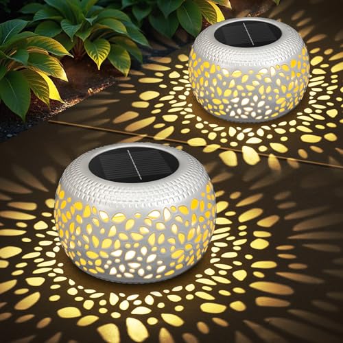 NFEVER Solar Lanterns Outdoor Waterproof: 2 Pack White Hollow Out Metal Solar Lights - 2 Lighting Colors Outside Garden Yard Porch Indoor Tabletop Retro Decorations - Unique Gifts for Women Mom Wife - Image 1