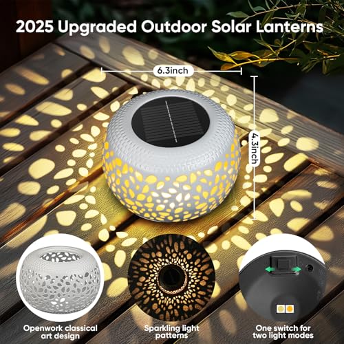 NFEVER Solar Lanterns Outdoor Waterproof: 2 Pack White Hollow Out Metal Solar Lights - 2 Lighting Colors Outside Garden Yard Porch Indoor Tabletop Retro Decorations - Unique Gifts for Women Mom Wife - Image 4