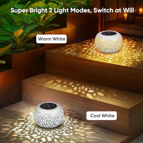 NFEVER Solar Lanterns Outdoor Waterproof: 2 Pack White Hollow Out Metal Solar Lights - 2 Lighting Colors Outside Garden Yard Porch Indoor Tabletop Retro Decorations - Unique Gifts for Women Mom Wife - Image 3