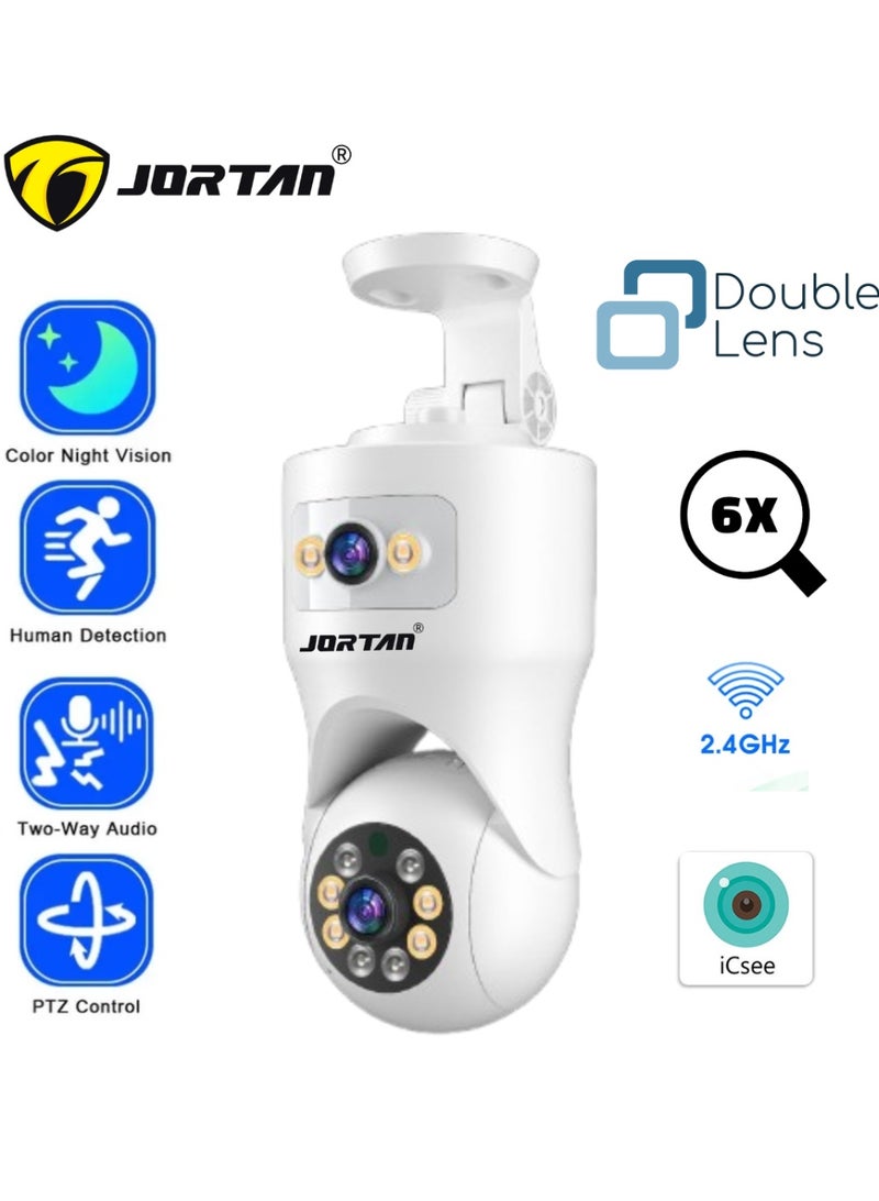 Jortan 4+4MP Indoor Dual Lens Wi-Fi Security Camera,6X Digital Zoom, Full Color Night Vision, 2 way Talking, Motion Detection, Motion Tracking, HD Picture, Security Alarm, PTZ Control, 24/7 Recording