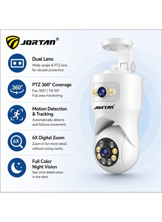 Jortan 4+4MP Indoor Dual Lens Wi-Fi Security Camera,6X Digital Zoom, Full Color Night Vision, 2 way Talking, Motion Detection, Motion Tracking, HD Picture, Security Alarm, PTZ Control, 24/7 Recording - Image 1