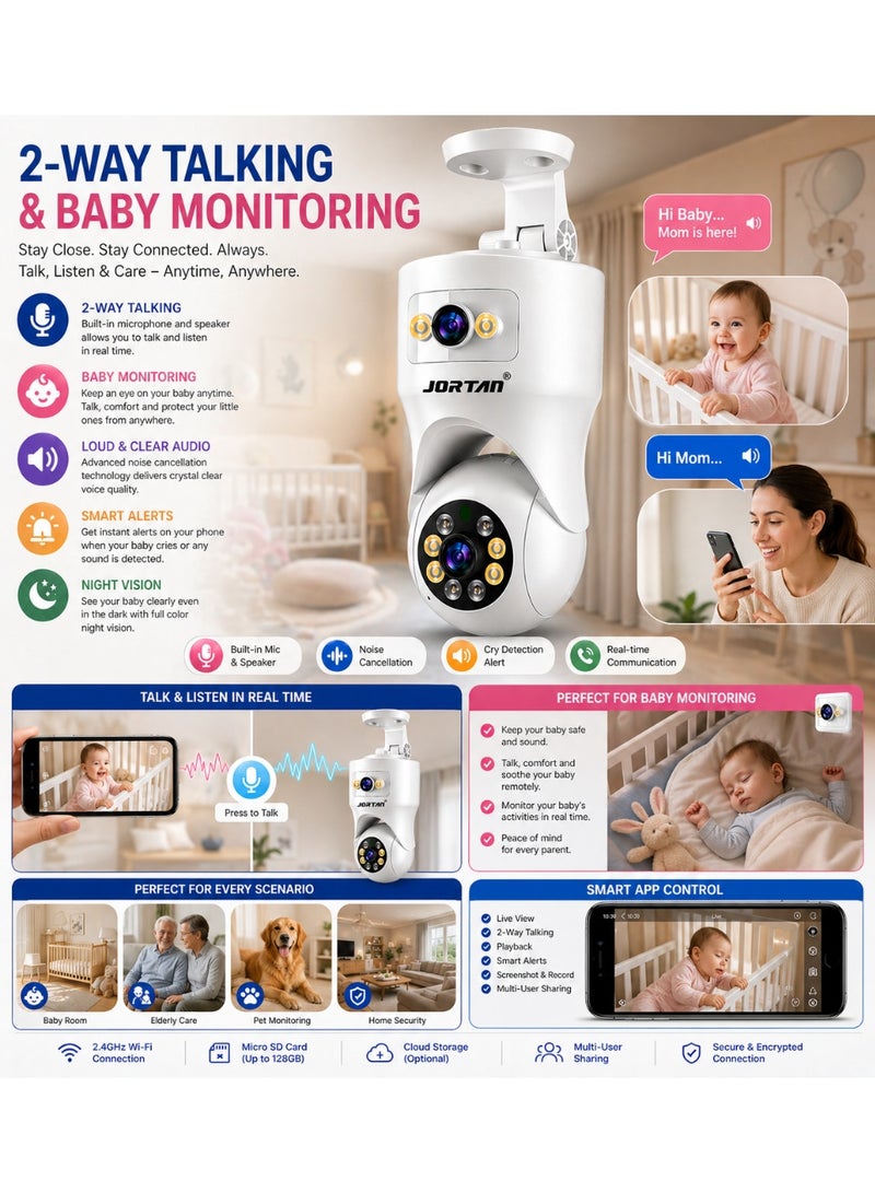 Jortan 4+4MP Indoor Dual Lens Wi-Fi Security Camera,6X Digital Zoom, Full Color Night Vision, 2 way Talking, Motion Detection, Motion Tracking, HD Picture, Security Alarm, PTZ Control, 24/7 Recording - Image 4