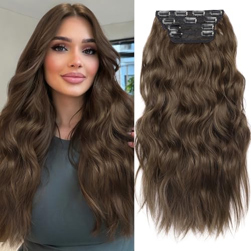 KooKaStyle Clip in Hair Extensions 4PCS Long Wavy Medium Brown Thick Hairpieces for Women Weft Natural Synthetic 20 Inch Daily Use - Image 1
