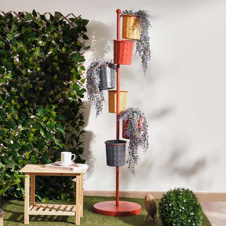 Pan Home حامل نباتات معدني مع سبعة أصص - أحمر