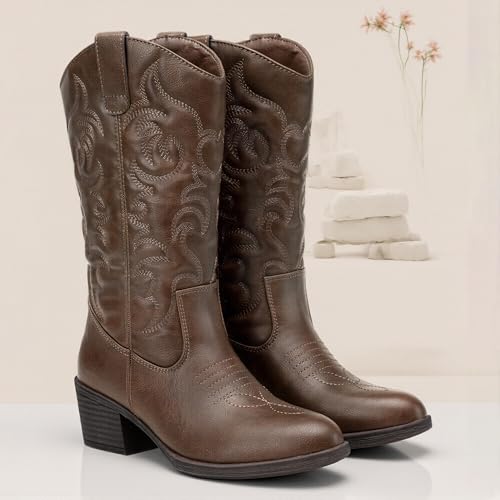 Vepose Women's Cowboy Boots Western Cowgirl Round Toe Mid Calf Boots,Whisky,Size 8M US(CJY9801 Whisky 08) - Image 5