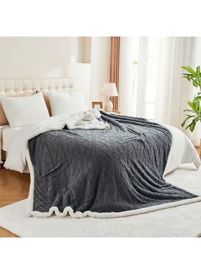 Grey Plush Fleece Blanket Ultra Soft Thickened Premium Jacquard All Season Warm - Image 1