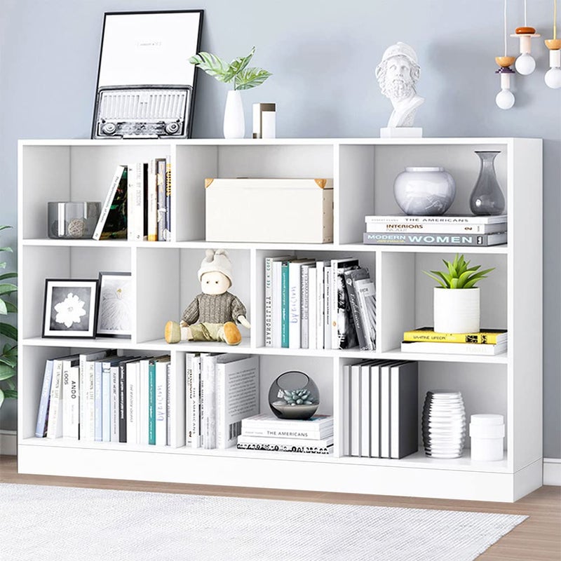 IOTXY IOTXY Open Shelf Low Bookcase  Wooden 3Tier Floor Standing Display Cabinet Organizer with Base 10 Cubes Short Horizontal Bookshelf in Warm White