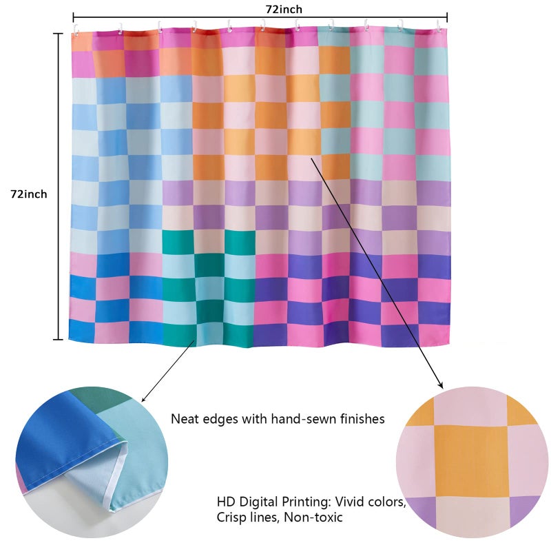 RoomTalks RoomTalks Multicolored Checkered Retro Fabric Shower Curtain for Bathroom Extra Long 72 Inches Length  Bright Rainbow Colorful Modern Simple Groovy Aesthetic Shower Curtain Set with Hooks - Image 3