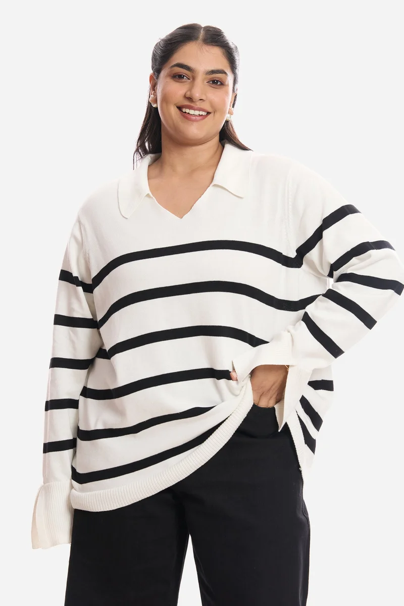 فيرجيو Stripes Cotton Plus Size Pullover With Full Sleeves for Women