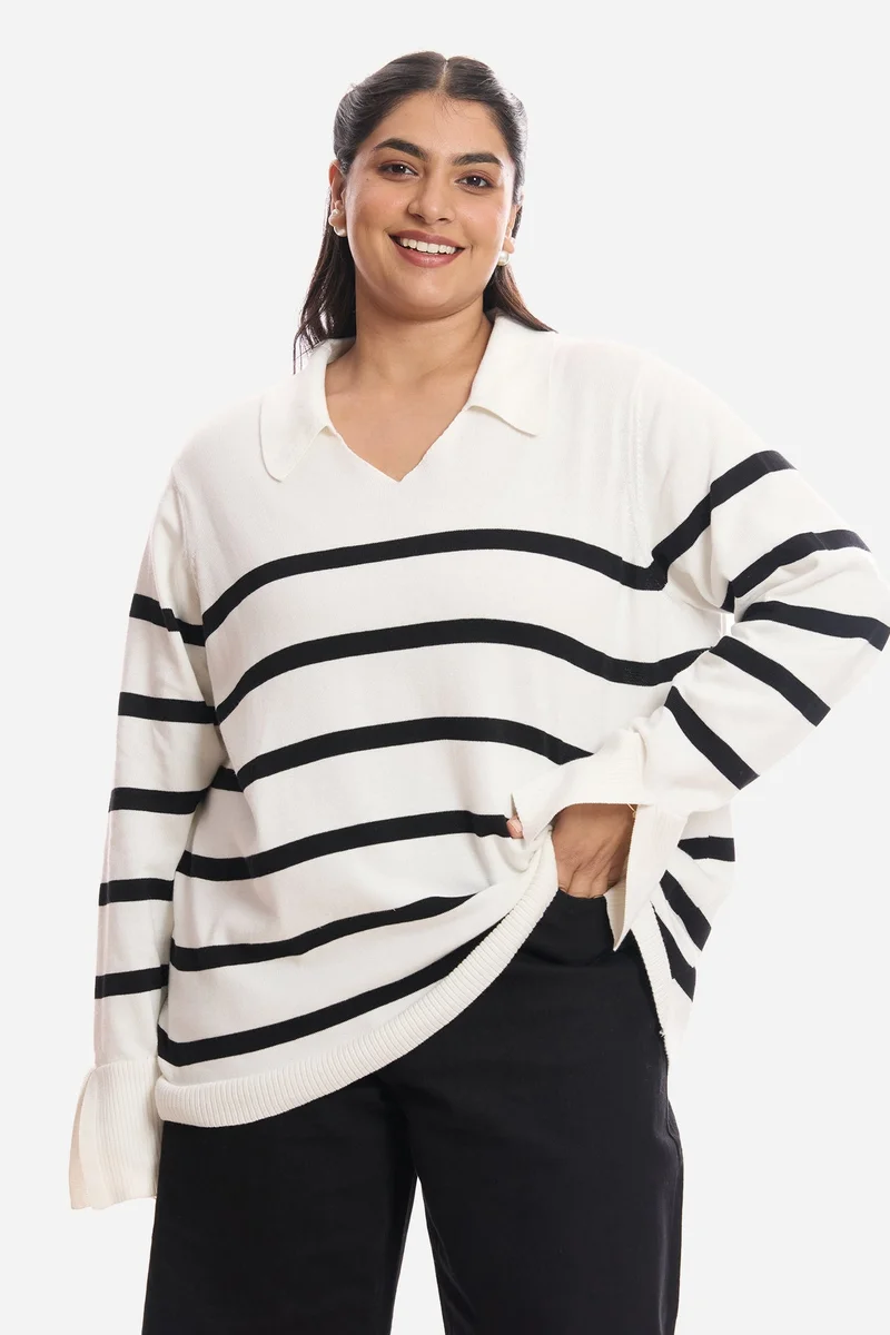 فيرجيو Stripes Cotton Plus Size Pullover With Full Sleeves for Women