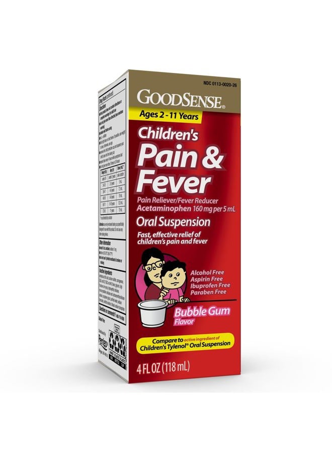 GOODSENSE Children's Pain Reliever Liquid, Bubble Gum Flavor, Acetaminophen 160 mg/5 mL, Effective Pain Relief/Fever Reducer for Kids Ages 2-11, 4 Oz - Image 1