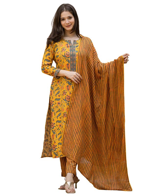 Vaamsi Women's Floral Straight Printed Kurta Pant With Dupatta Set (VKSKD2256_M_Yellow) - Image 1