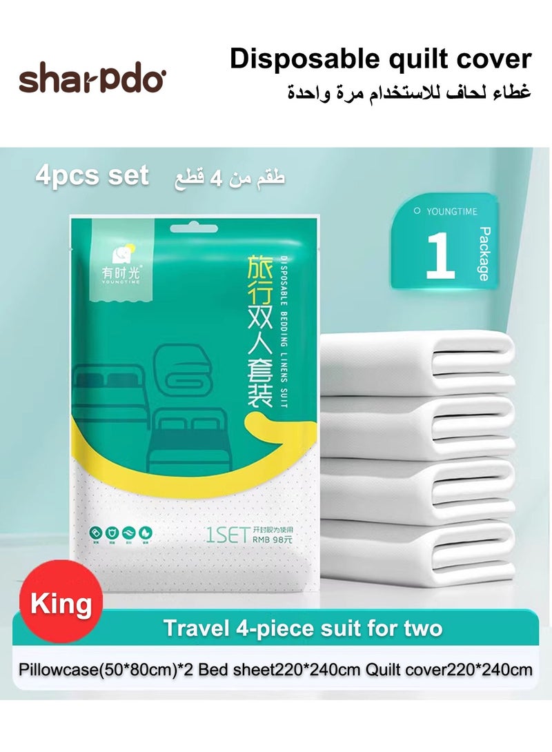 Sharpdo 4 PCS Disposable Bed Sheets Travel Sheets for Hotel, Disposable Sheets for Bed Travel Bedding Cover Portable Sheet with 1 Quilt Cover, 1 Sheet and 2 Pillowcase for Travel Business Trip Spa Hotel - Image 1