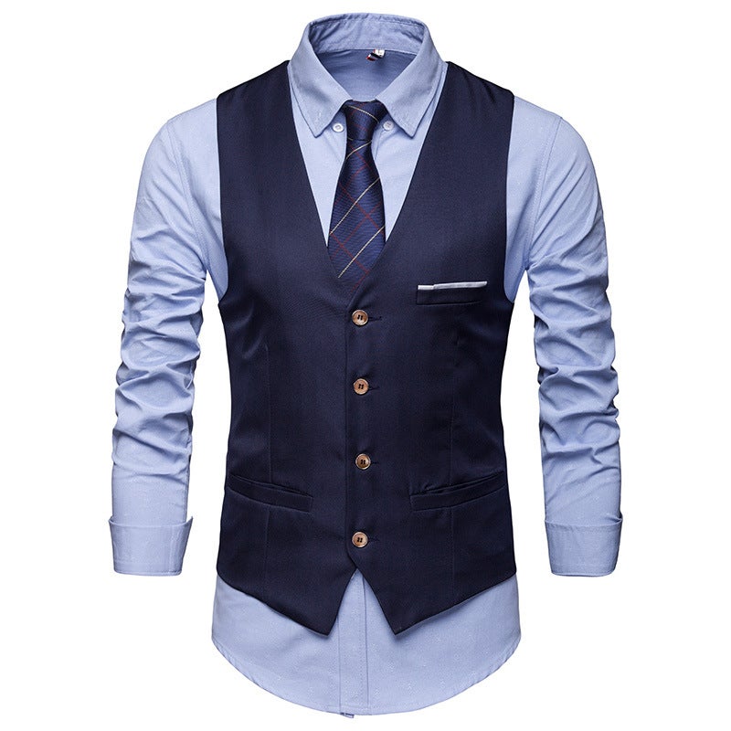 New Mens Suit Vest Slim Fit Groomsmen Formal V-Neck Waistcoat Navy  - Image 1