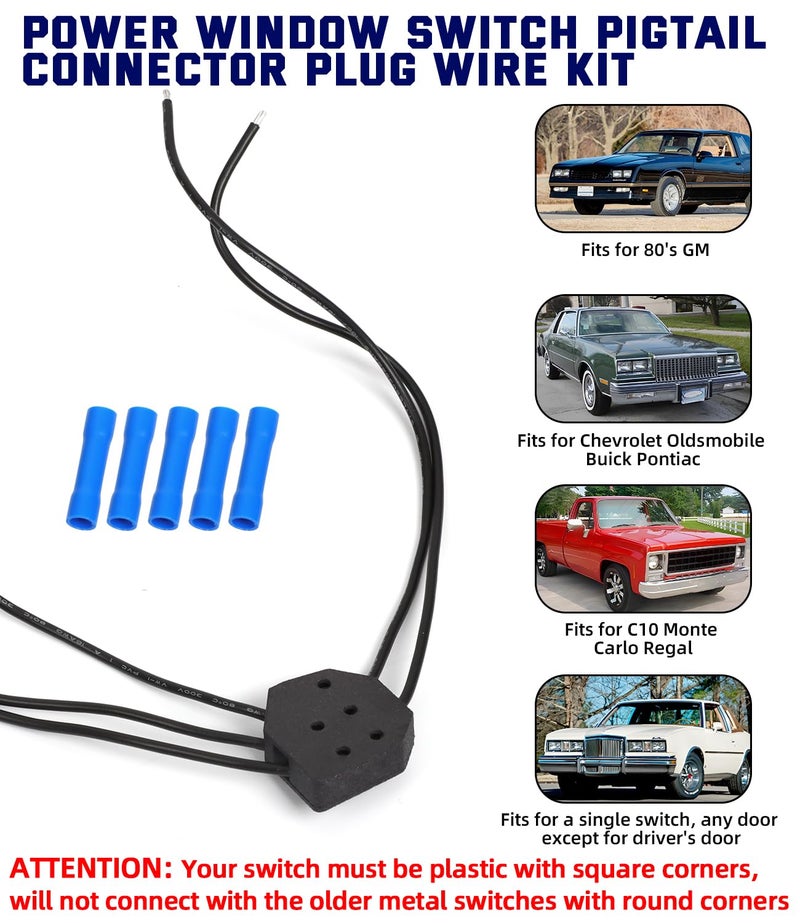 Alpha Rider Power Window Switch Pigtail 5-Way Connector Plug Wire Kit for 80's GM C10 Monte Carlo Regal Power Window Harness Pigtail Replacement with 5 Crimp Connectors (Nylon) - Image 2