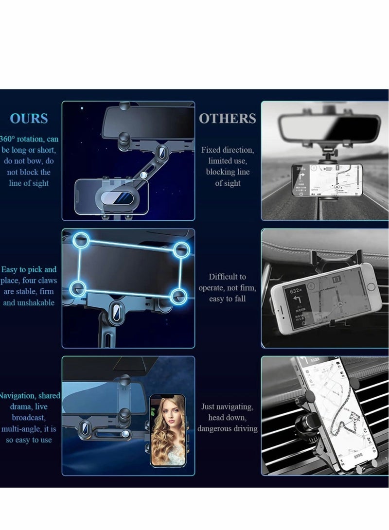 Captaintech Rear View Mirror Phone Holder for Car 360° Rotatable and Retractable Universal Mount, Cell iPhone 11 12 13 14 Pro Max Samsung - Image 2