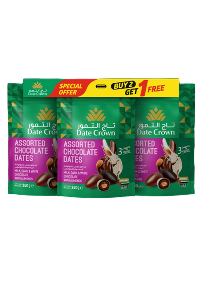 Date Crown Assorted Chocolate Dates With Almonds 3 x 250g - Image 1
