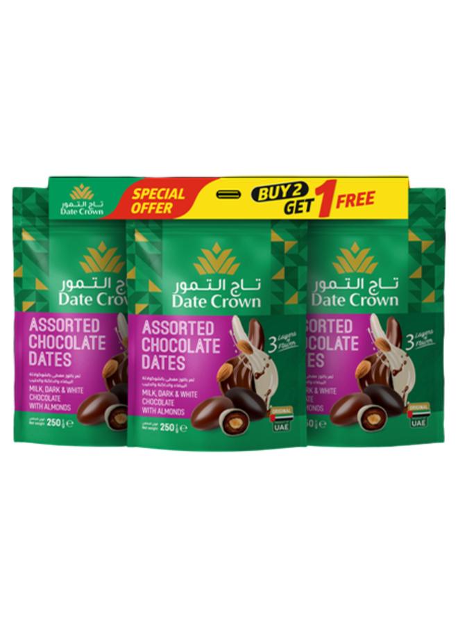 Date Crown Assorted Chocolate Dates With Almonds 3 x 250g - Image 1