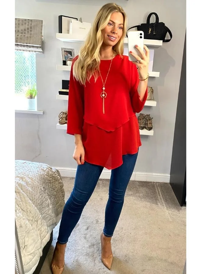 Hoxton Gal Red Layered 3/4 Sleeve Relaxed Fit Blouse