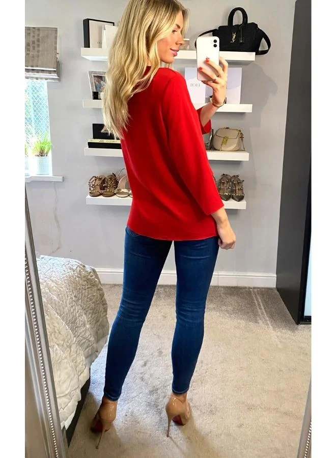Hoxton Gal Red Layered 3/4 Sleeve Relaxed Fit Blouse