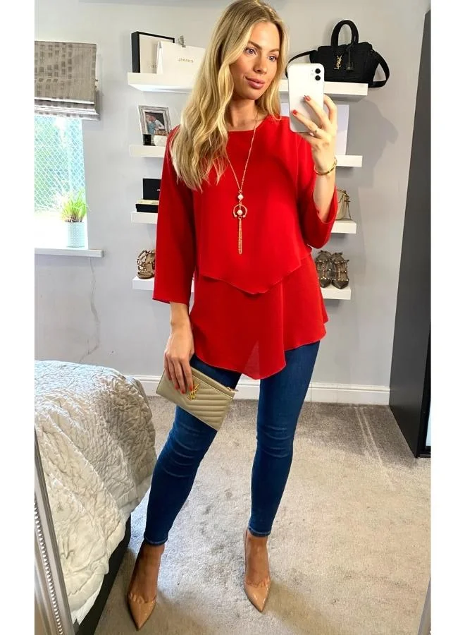 Hoxton Gal Red Layered 3/4 Sleeve Relaxed Fit Blouse