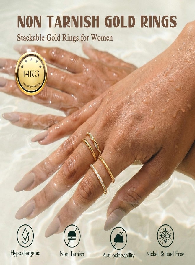 Florideco Stackable Rings for Women Non Tarnish Dainty 14K Gold Plated Stackable Thin Rings Cubic Zirconia Thumb Ring Set Trendy Statement Promise Wedding Bands Engagement Ring for Women Size 5-10 - Image 3