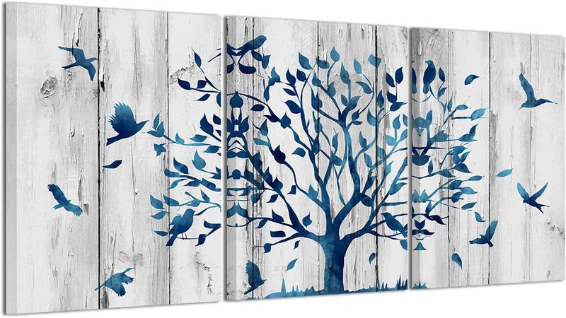 Welmeco Rustic Blue Tree with Birds Wall Art - Image 1