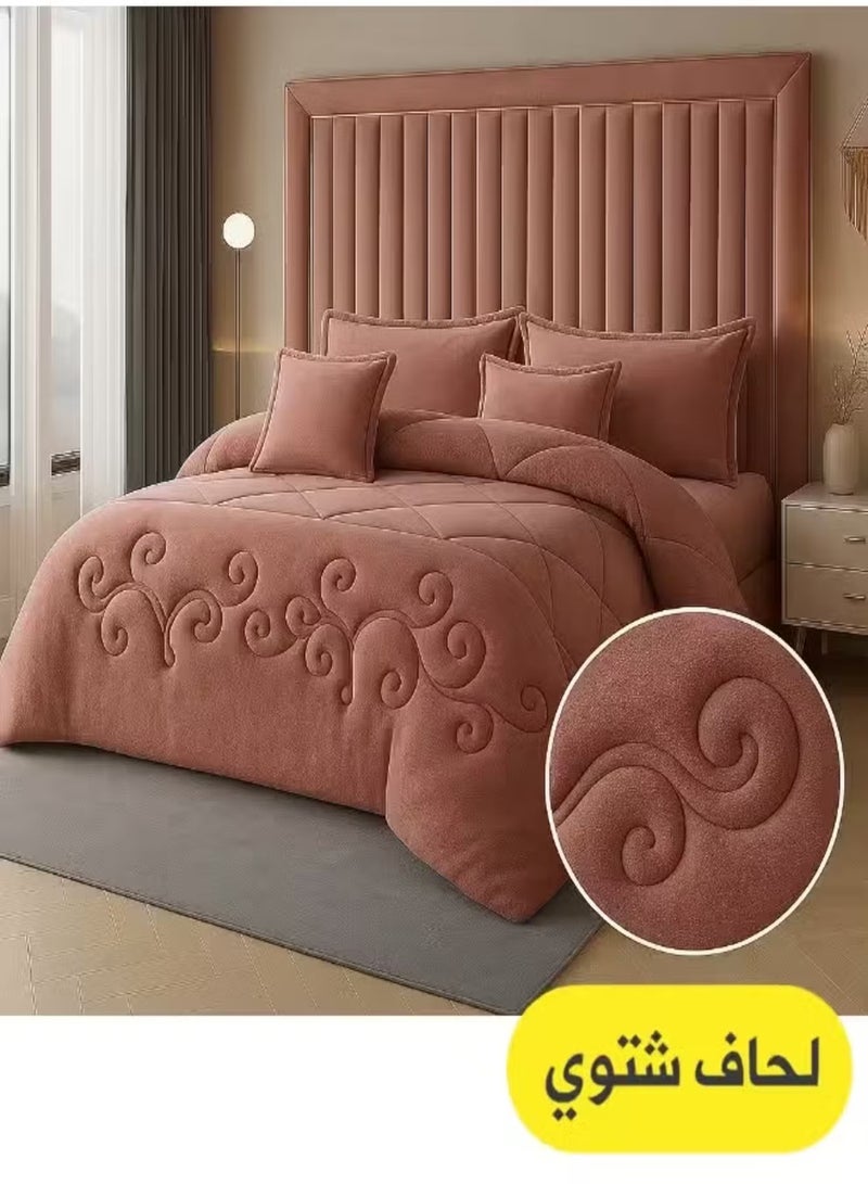 مينج لي مفرش شتوي نفرين نظام وجهين وجه مخمل وجه فرو - طقم مفارش 6 قطع ( 1 لحاف + 1 وشرشف مطاطي + 4 أغطية وسائد ديكورية ) يناسب سرير مقاس 200x200 سم - Image 1