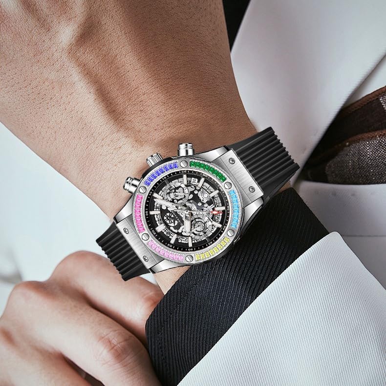 Giordano Multi-Function Watch for Men | Rainbow Crystal Bezel | Skeleton Dial | Black Sillicon Strap - Image 2