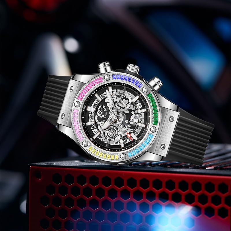 Giordano Multi-Function Watch for Men | Rainbow Crystal Bezel | Skeleton Dial | Black Sillicon Strap - Image 4