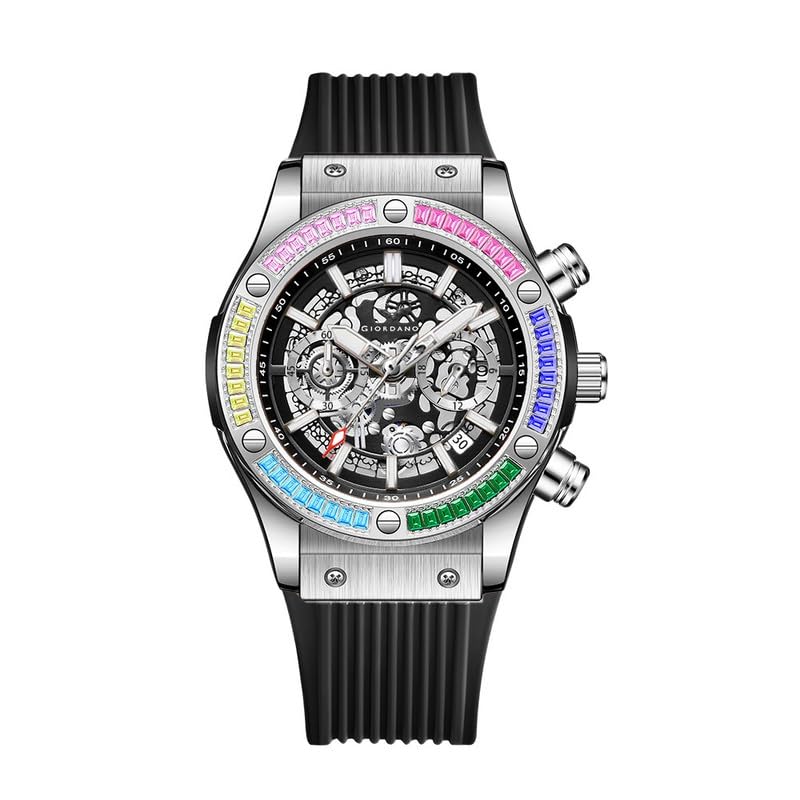 Giordano Multi-Function Watch for Men | Rainbow Crystal Bezel | Skeleton Dial | Black Sillicon Strap - Image 1