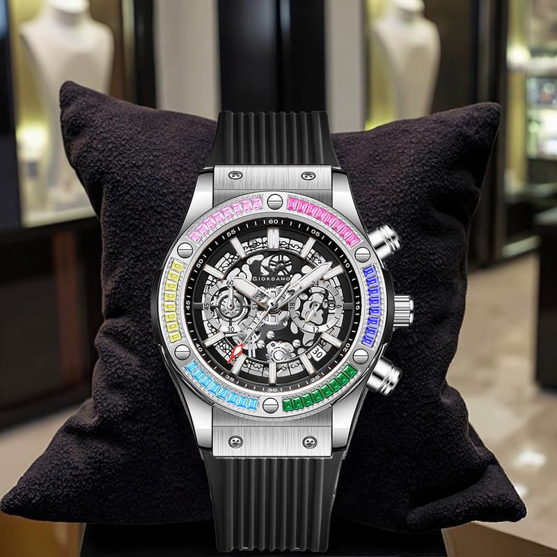 Giordano Multi-Function Watch for Men | Rainbow Crystal Bezel | Skeleton Dial | Black Sillicon Strap - Image 3