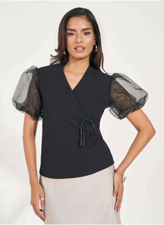 Styli Flat Knit Wrap Top with Puff Sleeves